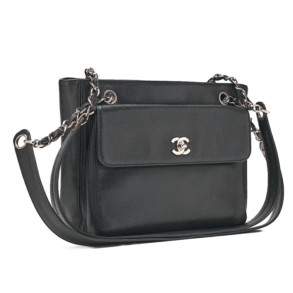 CHANEL Outside Flap Coco Mark Shoulder Bag Caviar Skin Black Silver-Tone Hardware, Pre-Owned