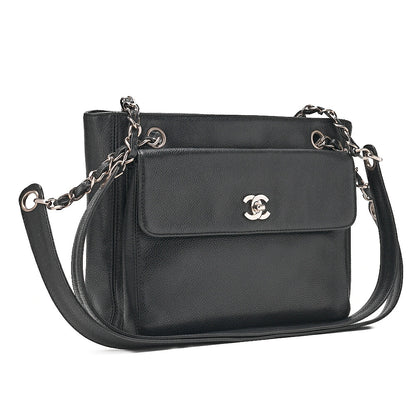 CHANEL Outside Flap Coco Mark Shoulder Bag Caviar Skin Black Silver-Tone Hardware, Pre-Owned
