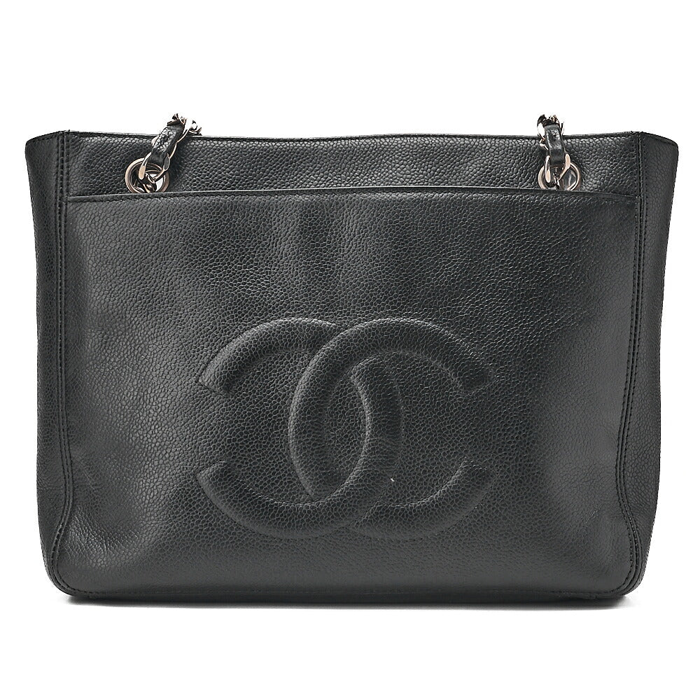 CHANEL Outside Flap Coco Mark Shoulder Bag Caviar Skin Black Silver-Tone Hardware, Pre-Owned
