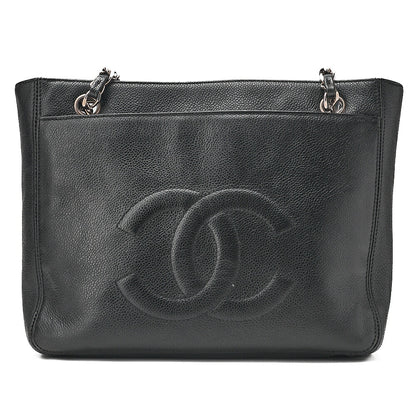 CHANEL Outside Flap Coco Mark Shoulder Bag Caviar Skin Black Silver-Tone Hardware, Pre-Owned