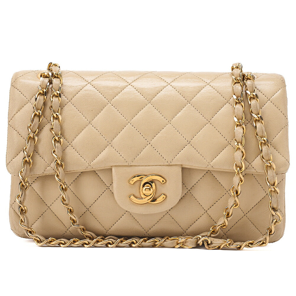 CHANEL Lambskin Matelasse Double Flap 23cm Chain Shoulder Beige Gold-Tone Hardware, Pre-Owned