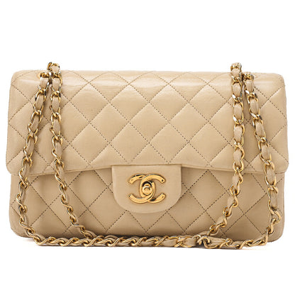 CHANEL Lambskin Matelasse Double Flap 23cm Chain Shoulder Beige Gold-Tone Hardware, Pre-Owned