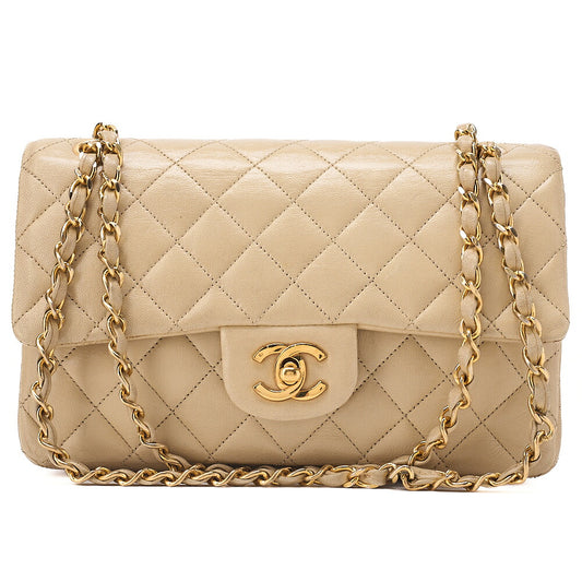 CHANEL Lambskin Matelasse Double Flap 23cm Chain Shoulder Beige Gold-Tone Hardware, Pre-Owned