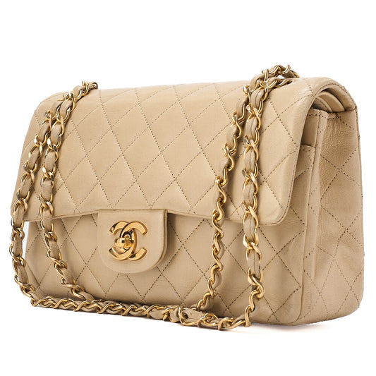 CHANEL Lambskin Matelasse Double Flap 23cm Chain Shoulder Beige Gold-Tone Hardware, Pre-Owned