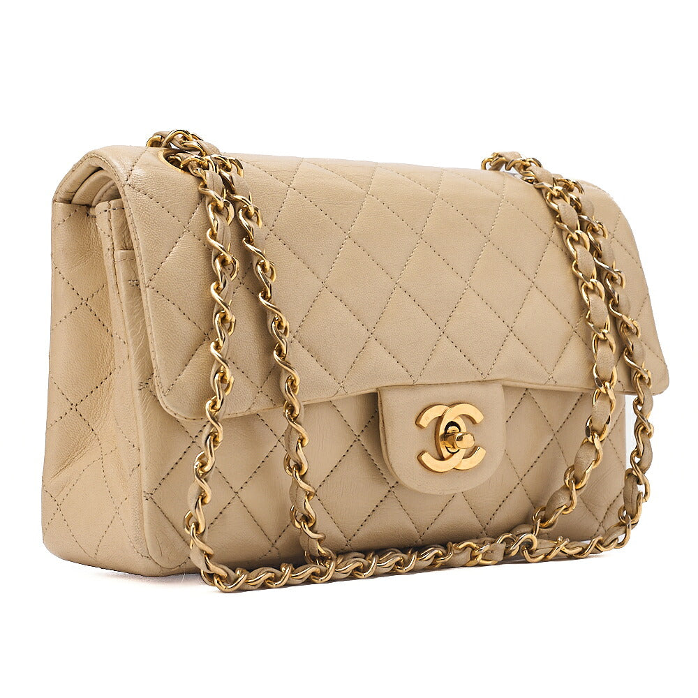 CHANEL Lambskin Matelasse Double Flap 23cm Chain Shoulder Beige Gold-Tone Hardware, Pre-Owned