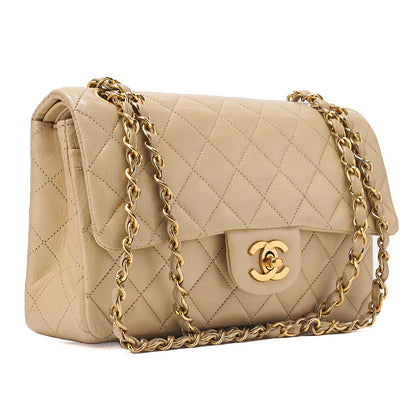 CHANEL Lambskin Matelasse Double Flap 23cm Chain Shoulder Beige Gold-Tone Hardware, Pre-Owned