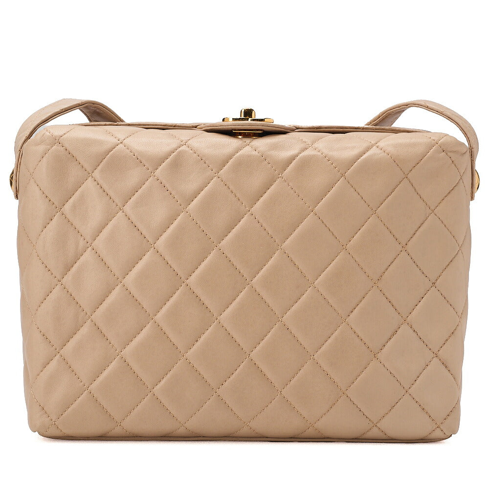 CHANEL Shoulder Bag Lambskin Matelasse Top Turn Lock One-Shoulder Bag Beige Gold-Tone Hardware, Pre-Owned