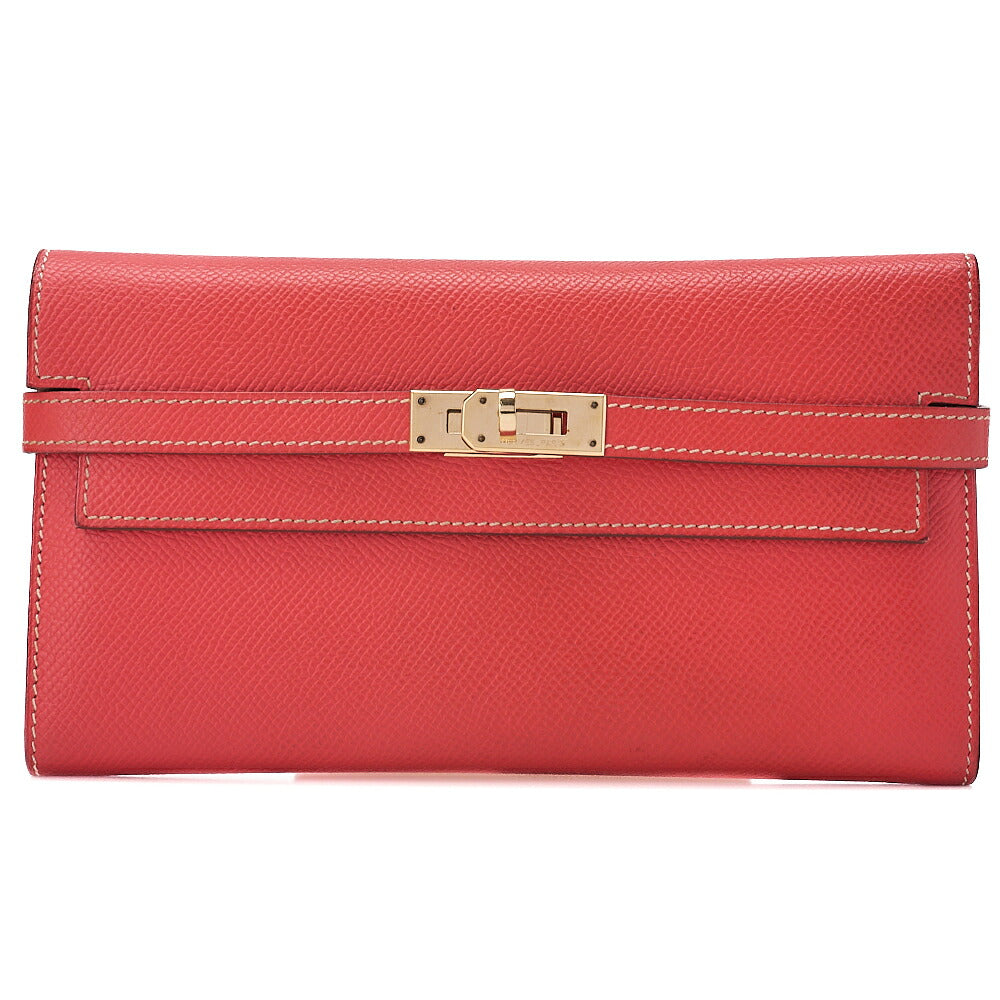 HERMES Kelly Wallet Tri-fold Long Wallet Epson Rose Azale x Gold Gold -Tone Hardware, Pre-Owned