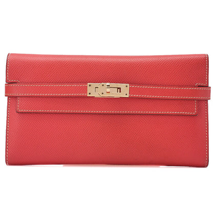 HERMES Kelly Wallet Tri-fold Long Wallet Epson Rose Azale x Gold Gold -Tone Hardware, Pre-Owned