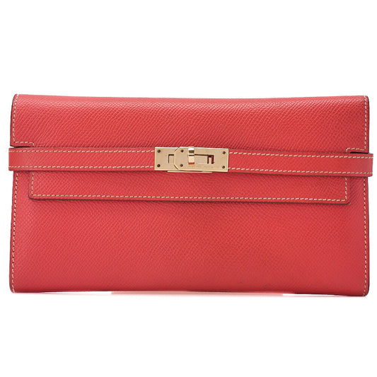 HERMES Kelly Wallet Tri-fold Long Wallet Epson Rose Azale x Gold Gold -Tone Hardware, Pre-Owned