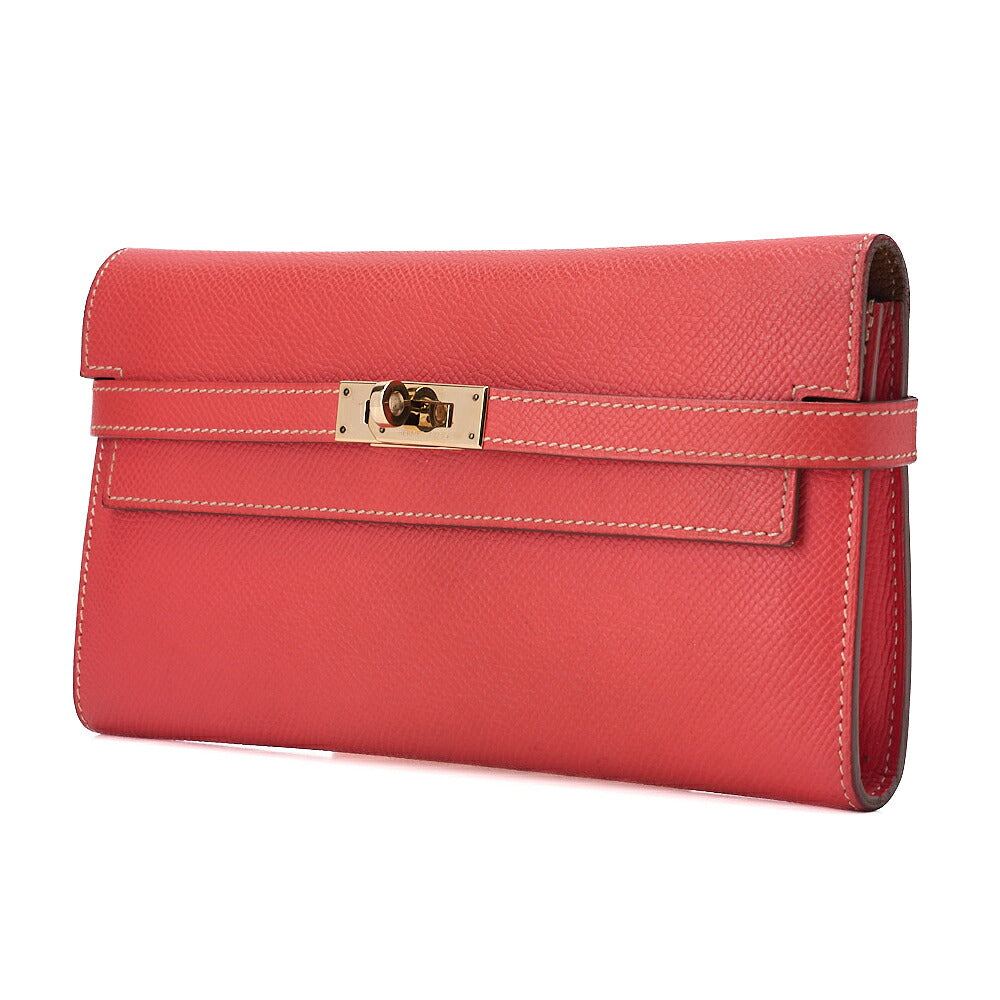 HERMES Kelly Wallet Tri-fold Long Wallet Epson Rose Azale x Gold Gold -Tone Hardware, Pre-Owned