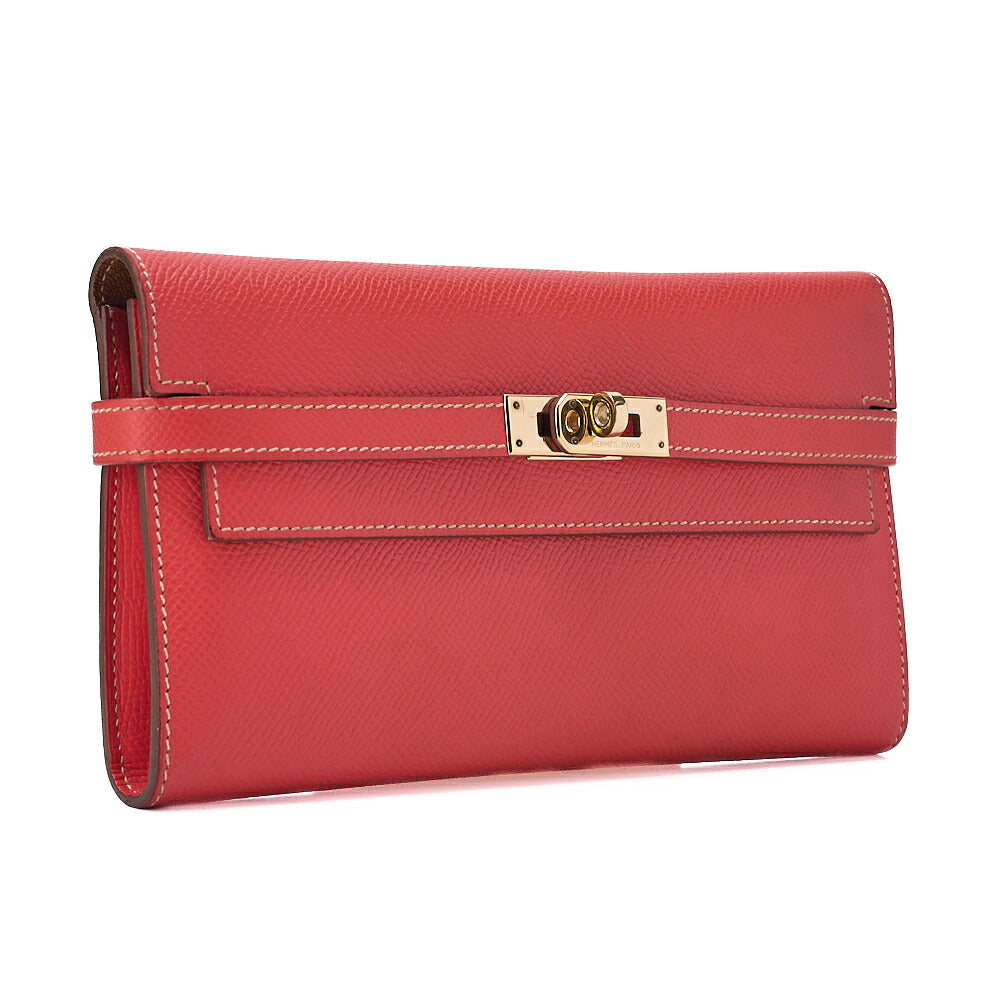HERMES Kelly Wallet Tri-fold Long Wallet Epson Rose Azale x Gold Gold -Tone Hardware, Pre-Owned