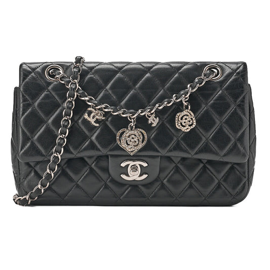 CHANEL Lambskin Matelasse Valentine's Day Single Flap Chain Shoulder Black Silver-Tone Hardware, Pre-Owned