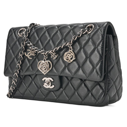 CHANEL Lambskin Matelasse Valentine's Day Single Flap Chain Shoulder Black Silver-Tone Hardware, Pre-Owned