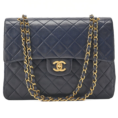 CHANEL Chain Shoulder Matelasse Double Flap 25cm Square Lambskin Navy Gold-Tone Hardware, Pre-Owned