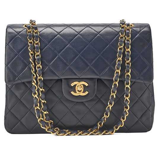 CHANEL Chain Shoulder Matelasse Double Flap 25cm Square Lambskin Navy Gold-Tone Hardware, Pre-Owned