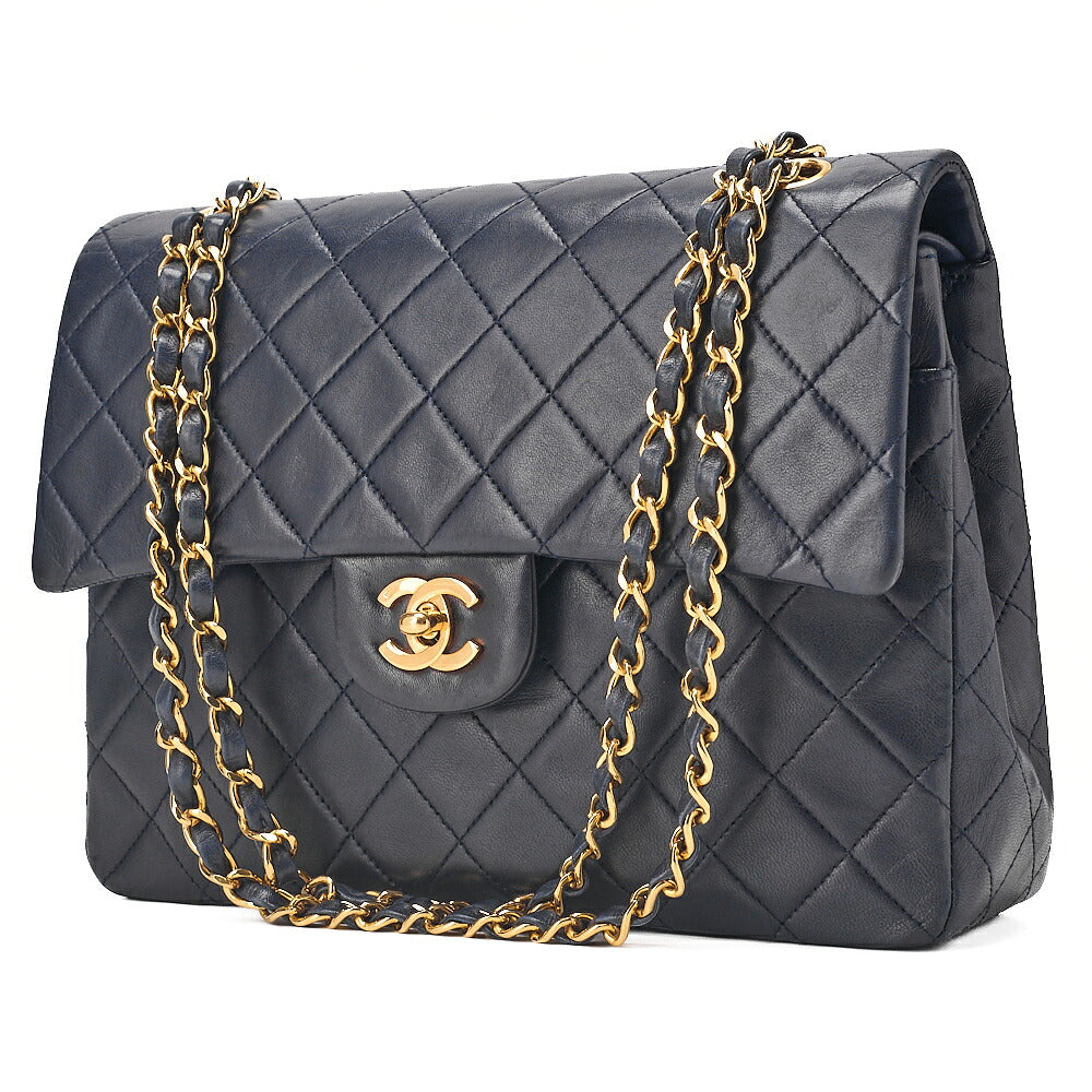 CHANEL Chain Shoulder Matelasse Double Flap 25cm Square Lambskin Navy Gold-Tone Hardware, Pre-Owned