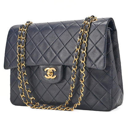 CHANEL Chain Shoulder Matelasse Double Flap 25cm Square Lambskin Navy Gold-Tone Hardware, Pre-Owned