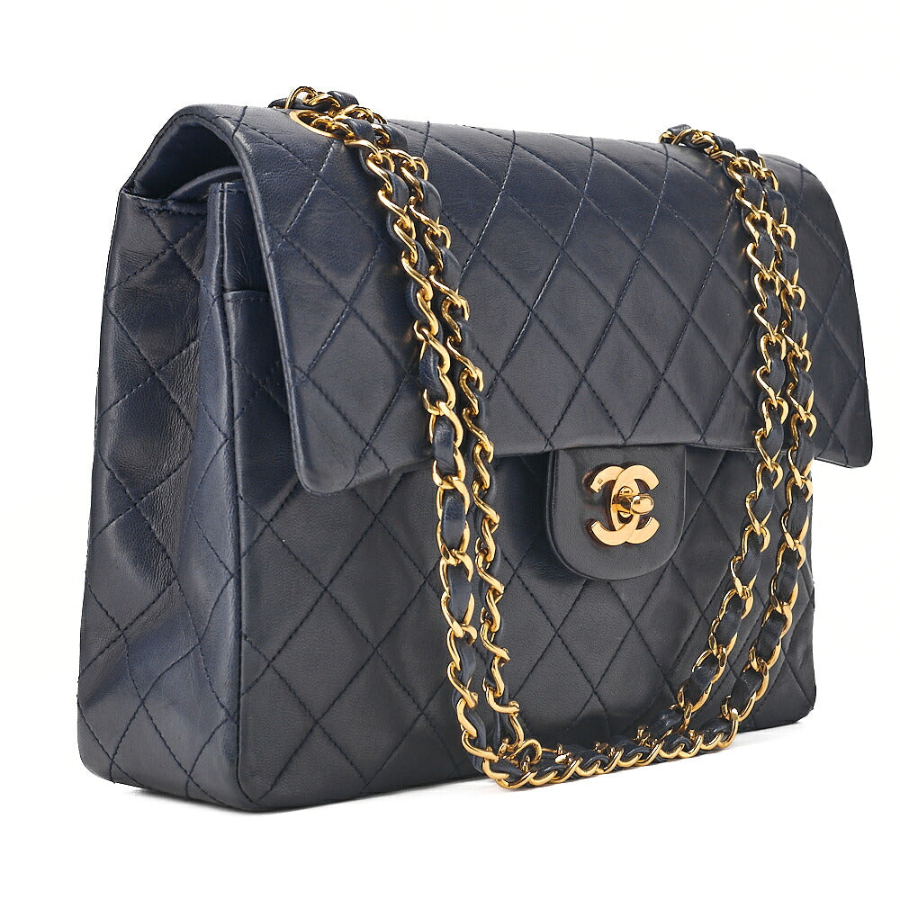 CHANEL Chain Shoulder Matelasse Double Flap 25cm Square Lambskin Navy Gold-Tone Hardware, Pre-Owned