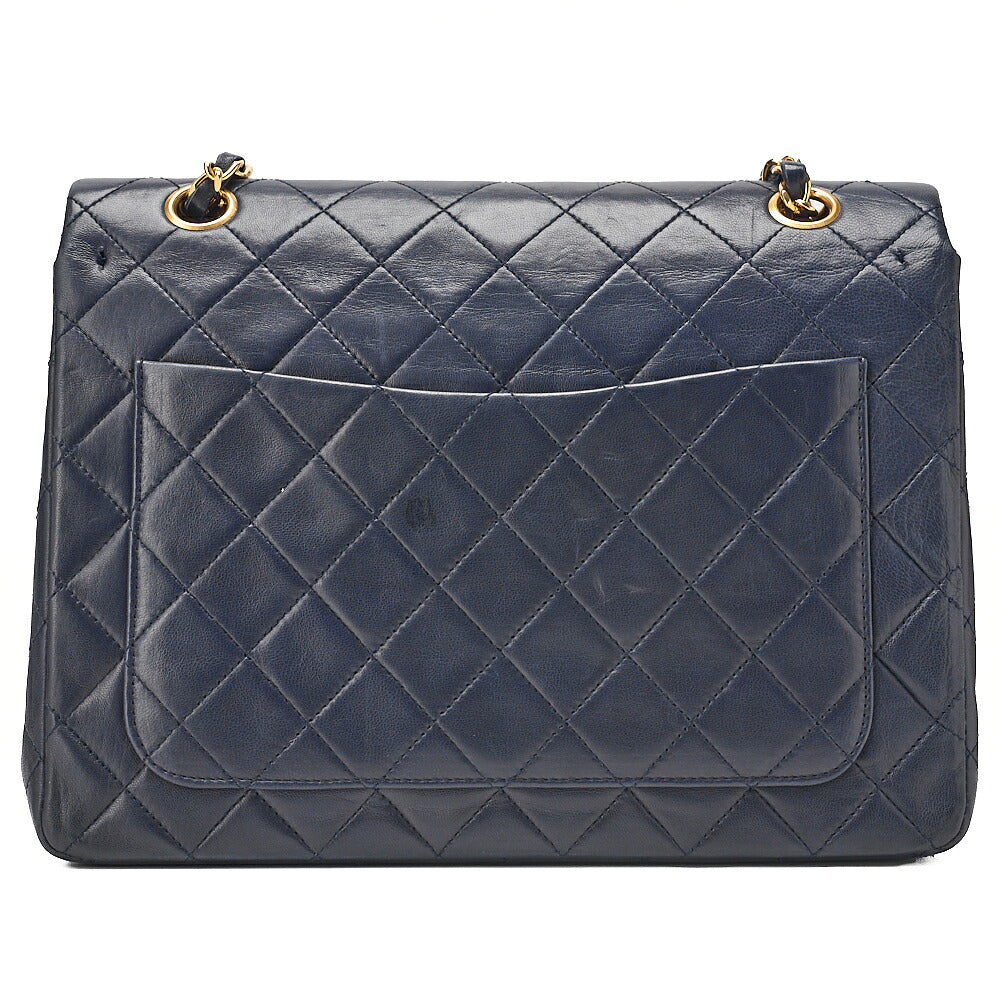CHANEL Chain Shoulder Matelasse Double Flap 25cm Square Lambskin Navy Gold-Tone Hardware, Pre-Owned