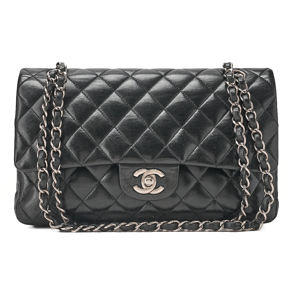 CHANEL Chain Shoulder Bag Matelasse Double Flap 25cm Lambskin Black Silver -Tone Hardware, Pre-Owned