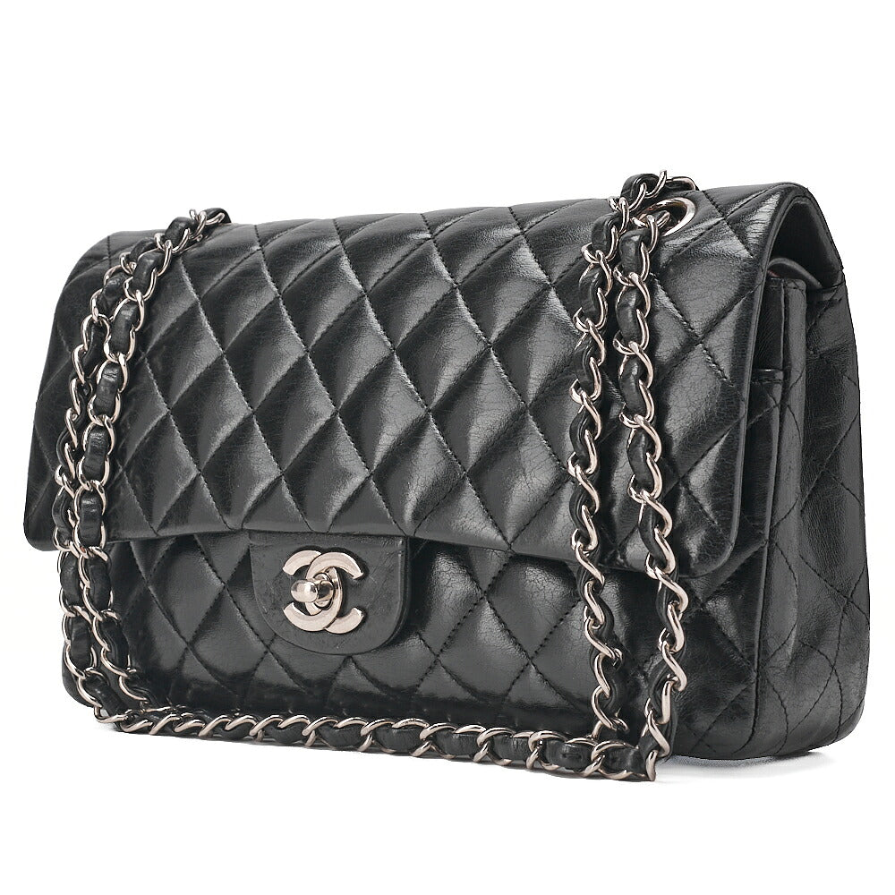 CHANEL Chain Shoulder Bag Matelasse Double Flap 25cm Lambskin Black Silver -Tone Hardware, Pre-Owned