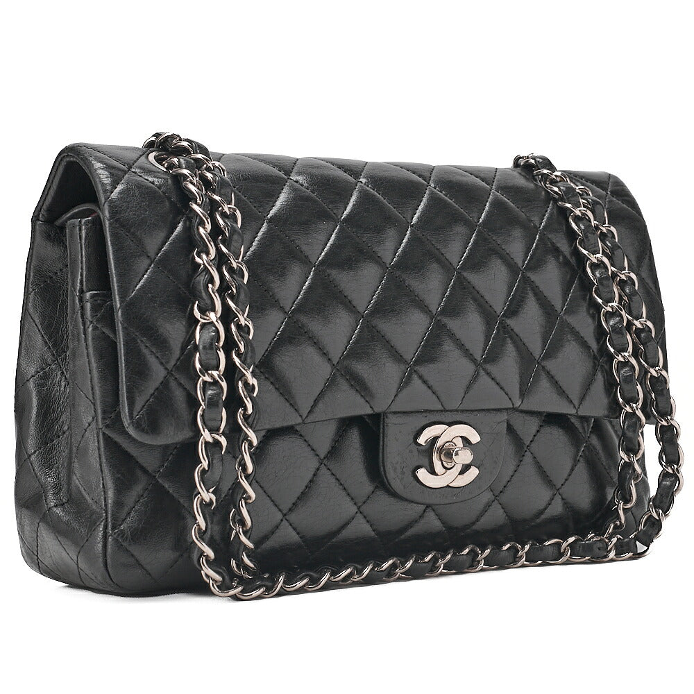 CHANEL Chain Shoulder Bag Matelasse Double Flap 25cm Lambskin Black Silver -Tone Hardware, Pre-Owned