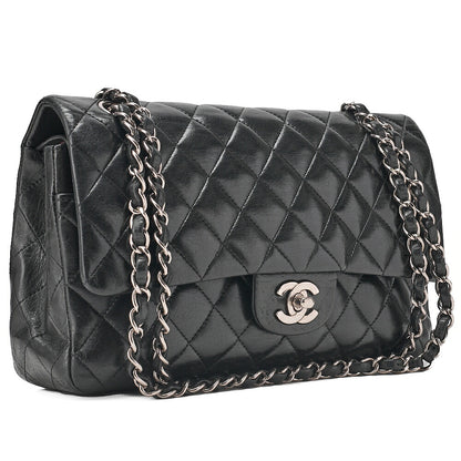 CHANEL Chain Shoulder Bag Matelasse Double Flap 25cm Lambskin Black Silver -Tone Hardware, Pre-Owned