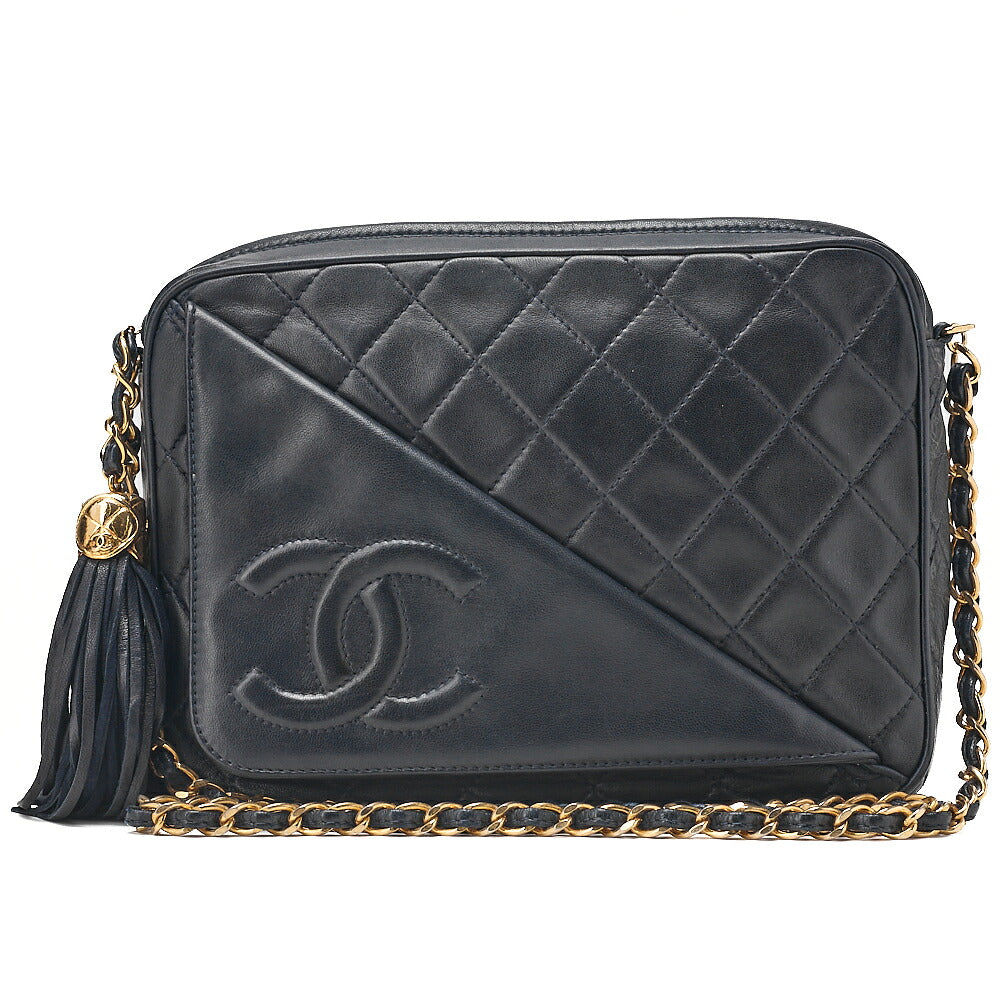 CHANEL Lambskin Matelasse Coco Mark Outside Flap with Fringe Chain Shoulder Navy Gold-Tone Hardware, Pre-Owned