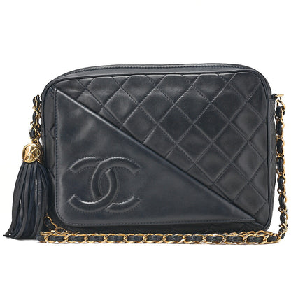 CHANEL Lambskin Matelasse Coco Mark Outside Flap with Fringe Chain Shoulder Navy Gold-Tone Hardware, Pre-Owned