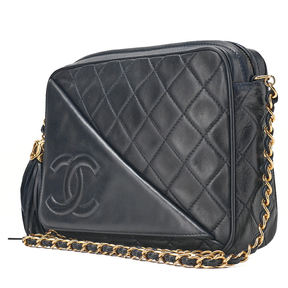 CHANEL Lambskin Matelasse Coco Mark Outside Flap with Fringe Chain Shoulder Navy Gold-Tone Hardware, Pre-Owned