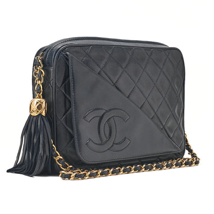 CHANEL Lambskin Matelasse Coco Mark Outside Flap with Fringe Chain Shoulder Navy Gold-Tone Hardware, Pre-Owned