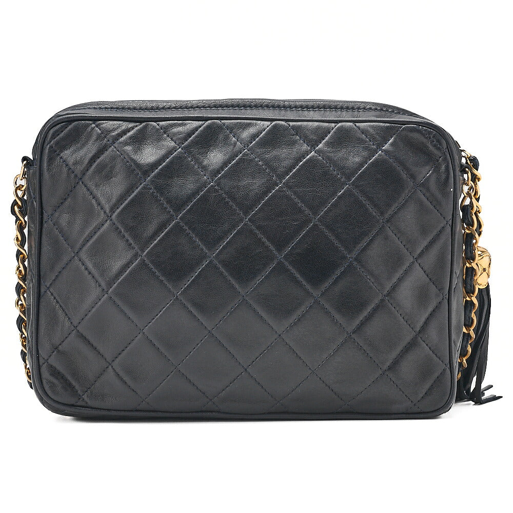 CHANEL Lambskin Matelasse Coco Mark Outside Flap with Fringe Chain Shoulder Navy Gold-Tone Hardware, Pre-Owned