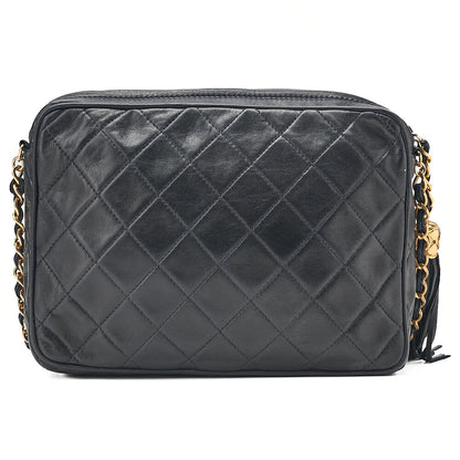 CHANEL Lambskin Matelasse Coco Mark Outside Flap with Fringe Chain Shoulder Navy Gold-Tone Hardware, Pre-Owned