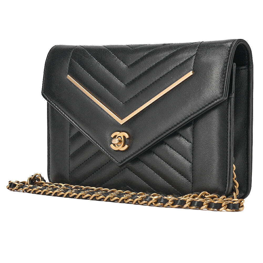 CHANEL Lambskin V-Stitch Turn Lock Chain Wallet Black Gold-Tone Hardware, Pre-Owned