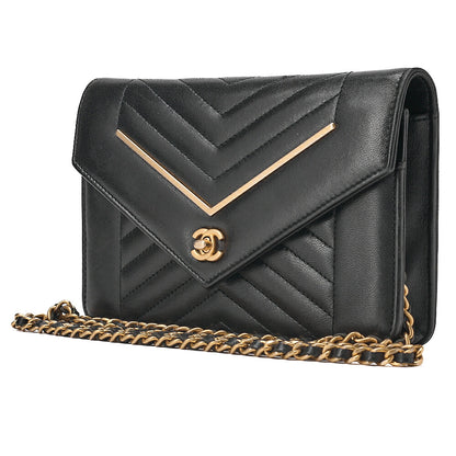 CHANEL Lambskin V-Stitch Turn Lock Chain Wallet Black Gold-Tone Hardware, Pre-Owned