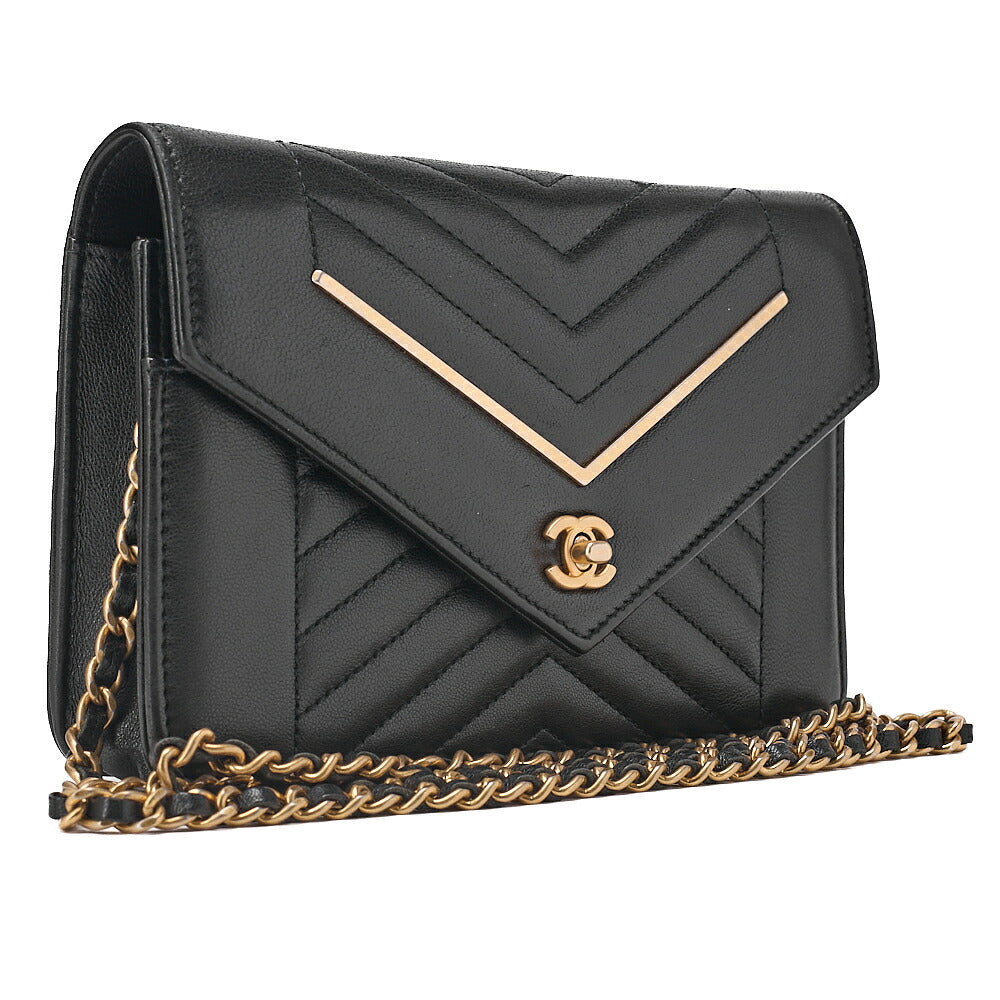 CHANEL Lambskin V-Stitch Turn Lock Chain Wallet Black Gold-Tone Hardware, Pre-Owned