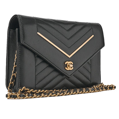 CHANEL Lambskin V-Stitch Turn Lock Chain Wallet Black Gold-Tone Hardware, Pre-Owned