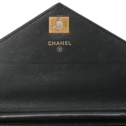 CHANEL Lambskin V-Stitch Turn Lock Chain Wallet Black Gold-Tone Hardware, Pre-Owned
