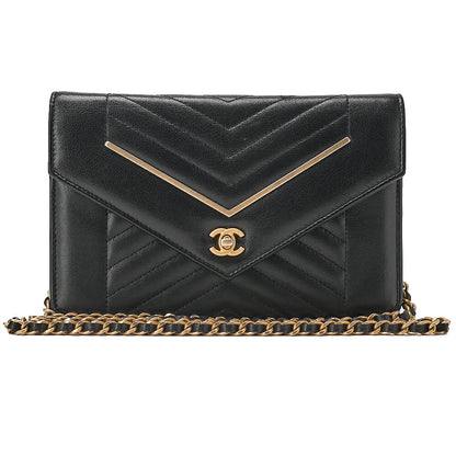 CHANEL Lambskin V-Stitch Turn Lock Chain Wallet Black Gold-Tone Hardware, Pre-Owned