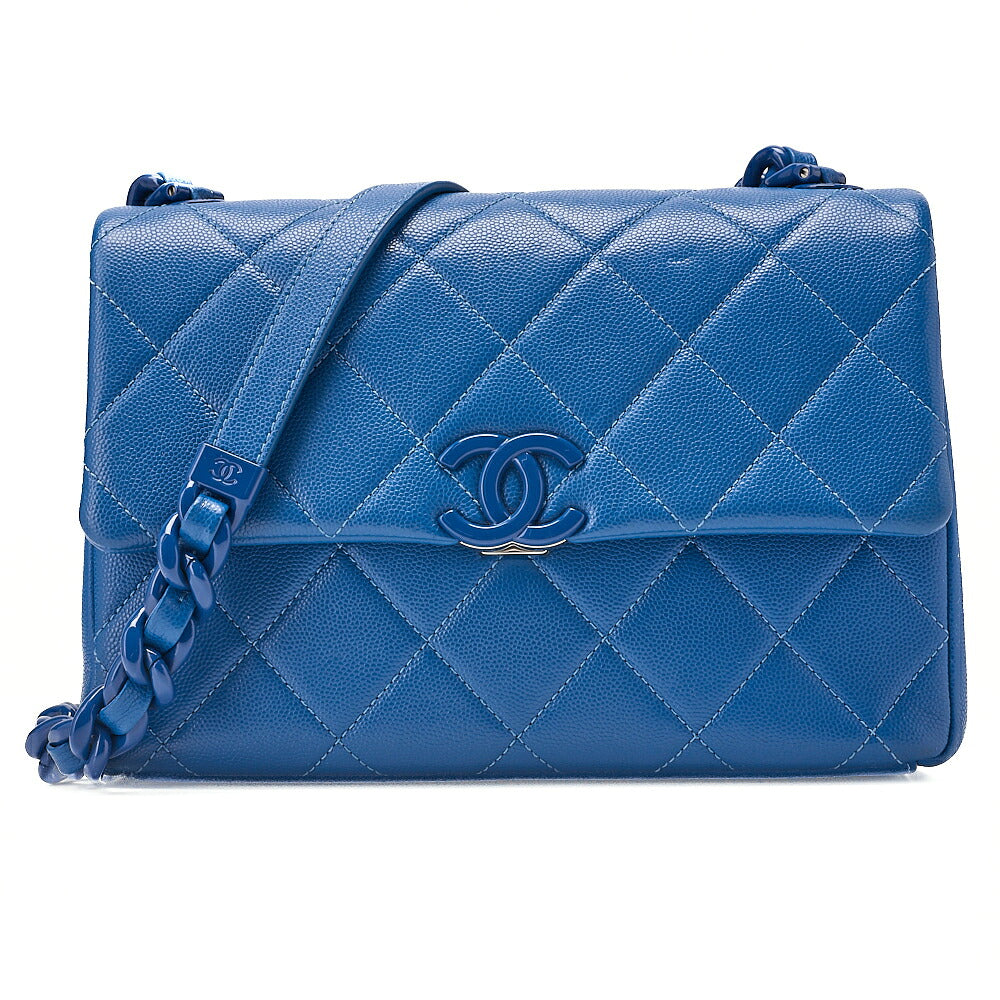 CHANEL Chanel Caviar Skin Turn Lock Single Flap Plastic Chain Shoulder Blue Silver-Tone Hardware, Pre-Owned