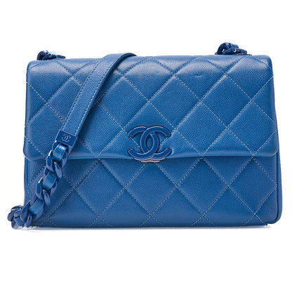CHANEL Chanel Caviar Skin Turn Lock Single Flap Plastic Chain Shoulder Blue Silver-Tone Hardware, Pre-Owned