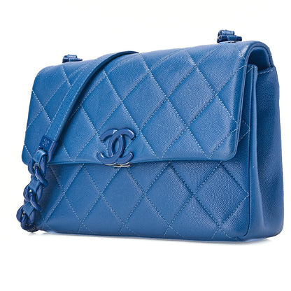 CHANEL Chanel Caviar Skin Turn Lock Single Flap Plastic Chain Shoulder Blue Silver-Tone Hardware, Pre-Owned