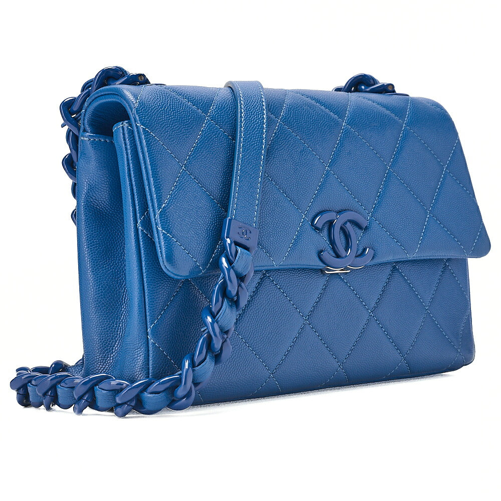 CHANEL Chanel Caviar Skin Turn Lock Single Flap Plastic Chain Shoulder Blue Silver-Tone Hardware, Pre-Owned