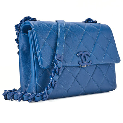 CHANEL Chanel Caviar Skin Turn Lock Single Flap Plastic Chain Shoulder Blue Silver-Tone Hardware, Pre-Owned
