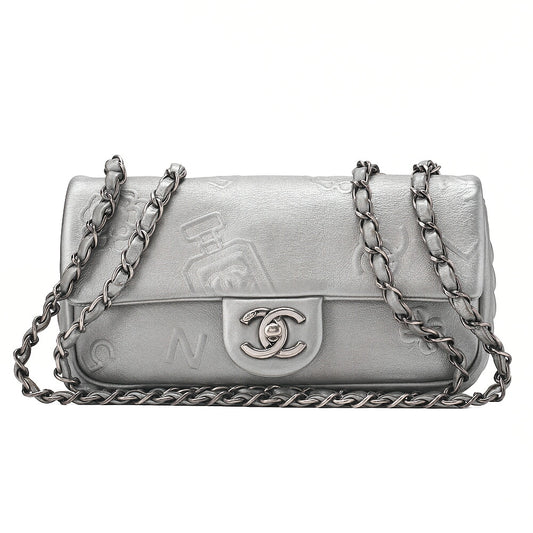 CHANEL Lambskin Iconline Turn Lock Single Flap Chain Shoulder Silver Silver-Tone Hardware, Pre-Owned