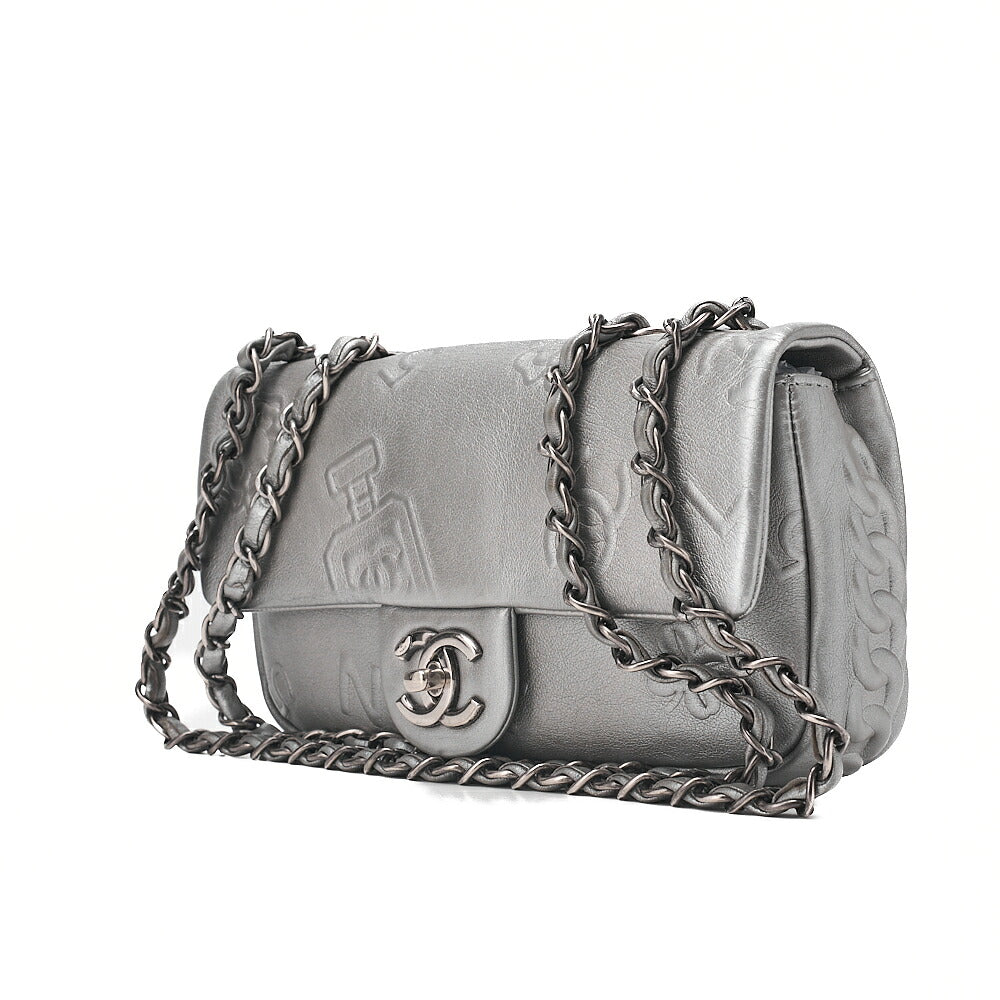 CHANEL Lambskin Iconline Turn Lock Single Flap Chain Shoulder Silver Silver-Tone Hardware, Pre-Owned