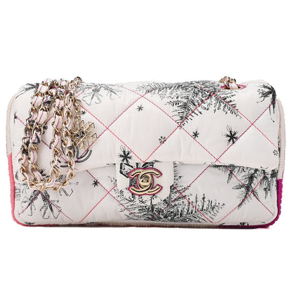 CHANEL Coco Cocoon Nylon X Cotton Turnlock Snow Crystal Motif Print With Snow Crystal Charm Chain Shoulder Multicolor White Gold-Tone Hardware, Pre-Owned