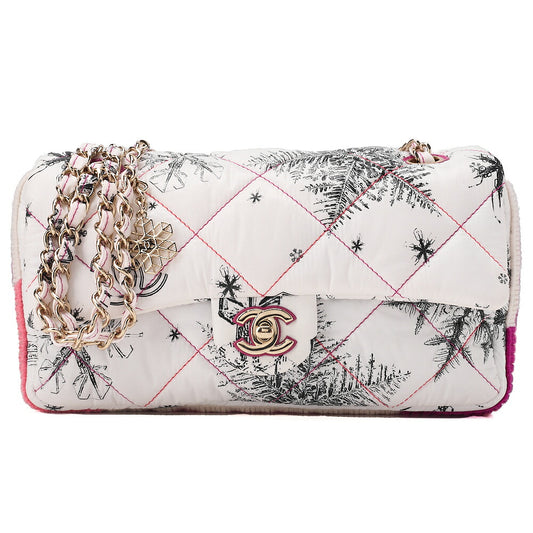 CHANEL Coco Cocoon Nylon X Cotton Turnlock Snow Crystal Motif Print With Snow Crystal Charm Chain Shoulder Multicolor White Gold-Tone Hardware, Pre-Owned