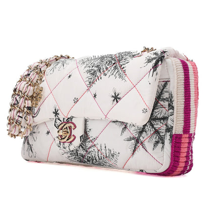 CHANEL Coco Cocoon Nylon X Cotton Turnlock Snow Crystal Motif Print With Snow Crystal Charm Chain Shoulder Multicolor White Gold-Tone Hardware, Pre-Owned